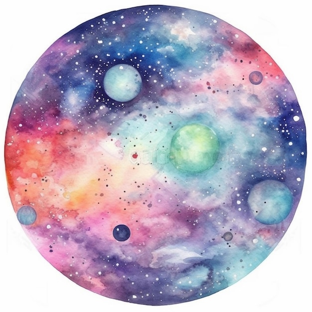 Aquarellmalerei einer Galaxie mit Sternen und Planeten in der Mitte.