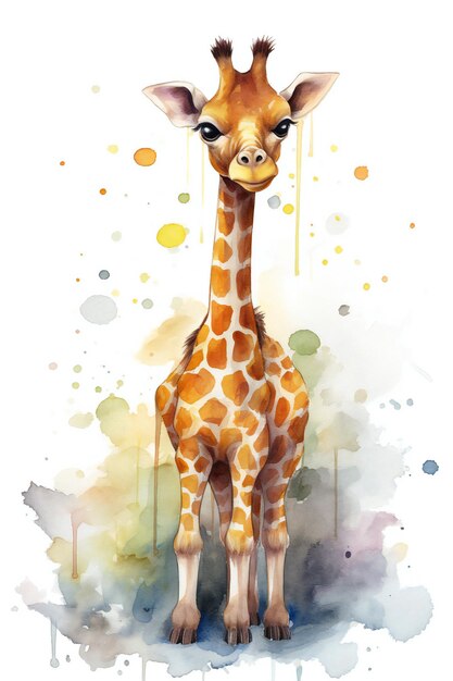 Aquarellmalerei einer Giraffe mit einem gelben Fleck auf dem Rücken.