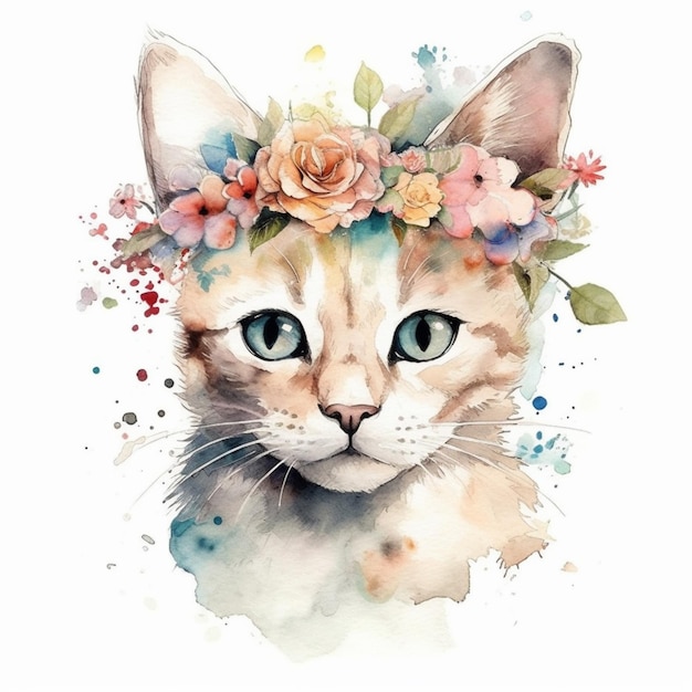 Aquarellmalerei einer Katze, die eine Blumenkrone trägt