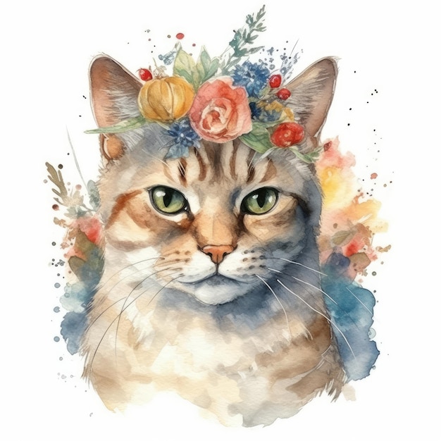 Aquarellmalerei einer Katze mit Blumenkrone