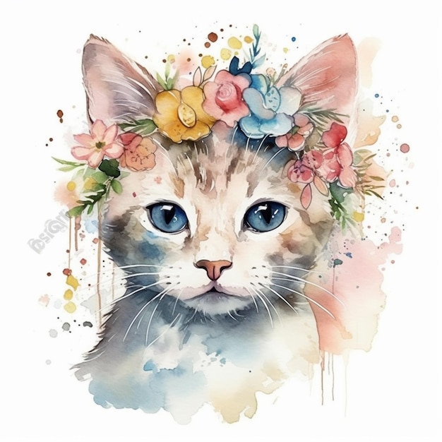 Aquarellmalerei einer Katze mit Blumenkrone