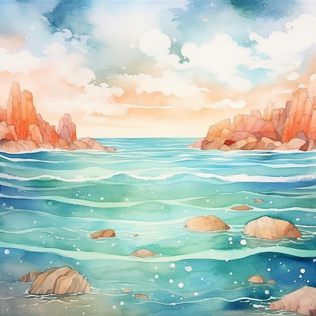 Foto aquarellmalerei einer meereslandschaft mit sonnenuntergang und wolken