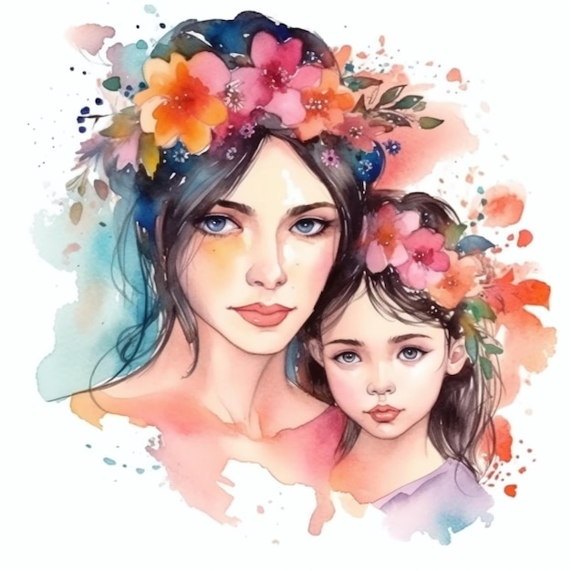 Aquarellmalerei einer Mutter und Tochter