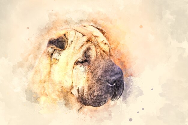 Aquarellmalerei einer niedlichen faltigen Schnauze des Shar Pei