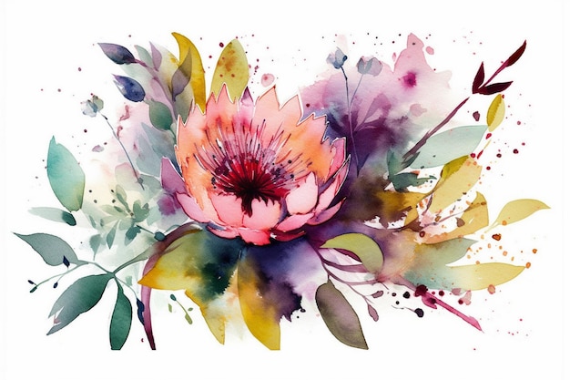 Aquarellmalerei einer rosa Protea-Blume