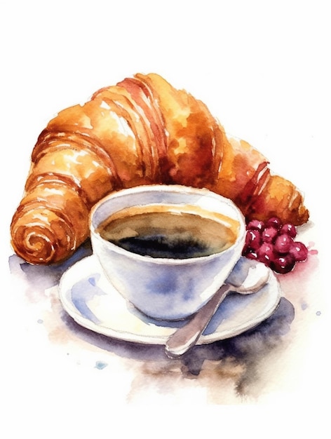 Aquarellmalerei einer Tasse Kaffee und Croissant