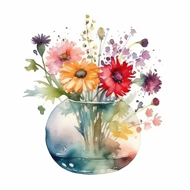 Aquarellmalerei einer Vase mit Blumen und Blättern