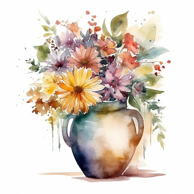 Aquarellmalerei einer Vase mit Blumen und Blättern