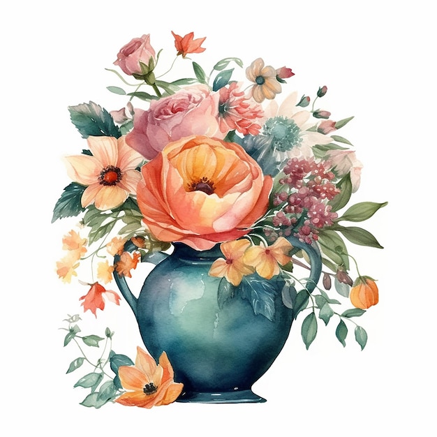 Aquarellmalerei einer Vase mit Blumen und Blättern