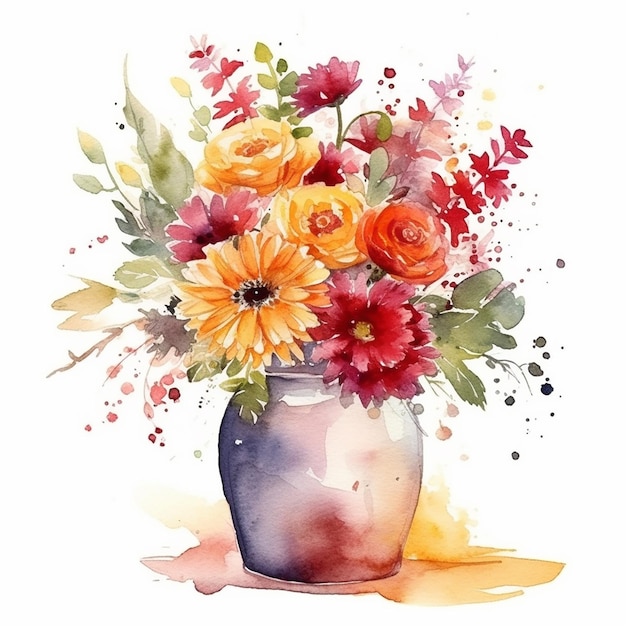 Aquarellmalerei einer Vase mit Blumen und Blättern