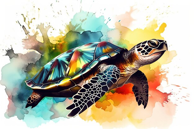 Aquarellmalerei einer wunderschönen bunten Schildkröte in Pastellfarben und Aquarellfarbenspritzer und -tropfen generative KI