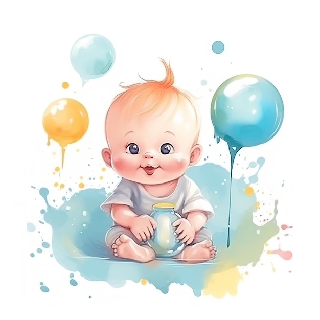 Aquarellmalerei eines Babys mit blauen Augen und einem Ballon