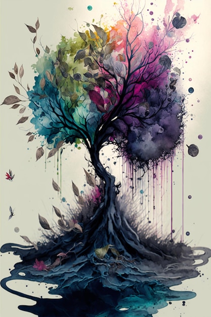 Aquarellmalerei eines Baumes mit bunten Blättern, generative KI