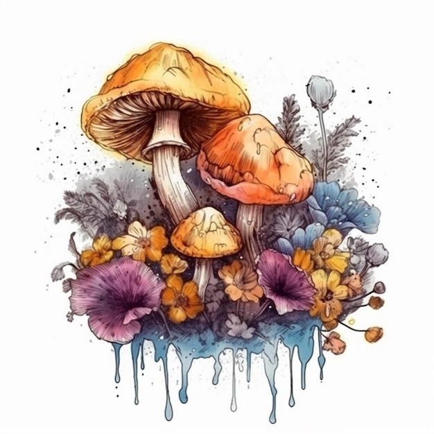 Aquarellmalerei eines bezaubernden Blumenstraußes und Pilzen