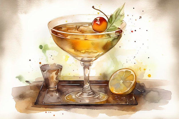 Aquarellmalerei eines Cocktails auf weißem Hintergrund Generative KI