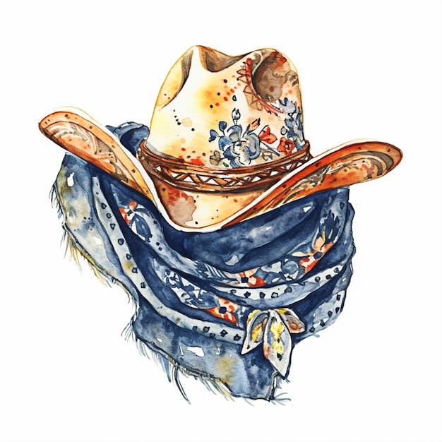 Aquarellmalerei eines Cowboyhutes mit blauem Schal und Bandana.