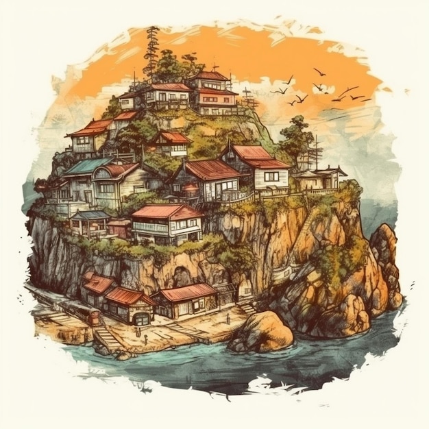 Aquarellmalerei eines Dorfes