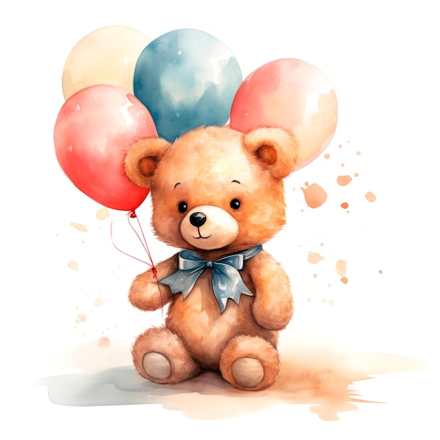 Aquarellmalerei eines entzückenden Teddybären, der sitzt und einen Haufen Ballons in der Hand hält