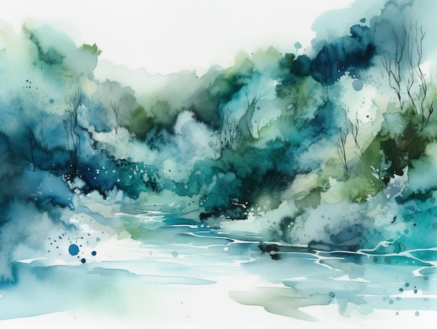 Aquarellmalerei eines Flusses in Blau und Grün