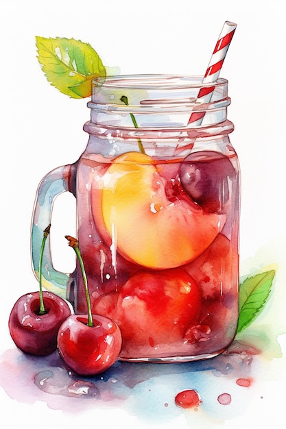 Aquarellmalerei eines Glases Fruchtsaft mit einem roten Strohhalm und einem roten Strohhalm.