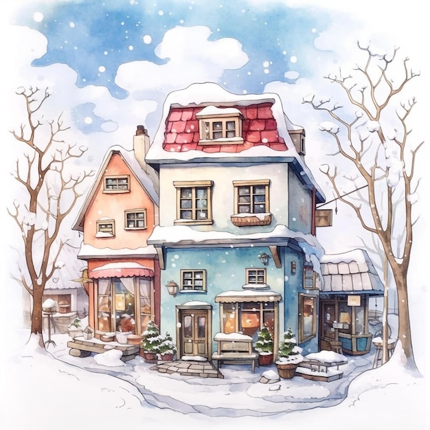 Aquarellmalerei eines Hauses im Winter