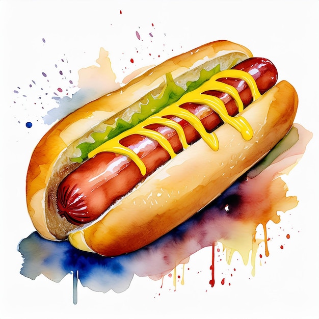 Aquarellmalerei eines Hotdogs mit gegrillter Wurst und Senf, leckeres Fastfood, köstliche Mahlzeit