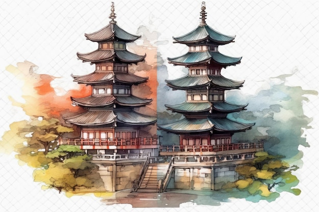 Aquarellmalerei eines japanischen Tempels