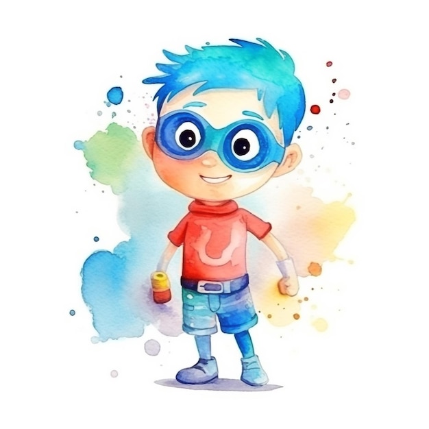 Aquarellmalerei eines Jungen mit blauer Maske und rotem Hemd.