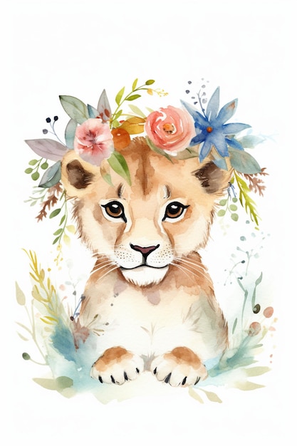 Aquarellmalerei eines Löwenbabys mit Blumen