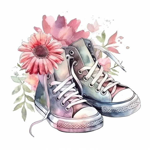 Aquarellmalerei eines Paares Converse-Schuhe mit einer Blume auf der Oberseite