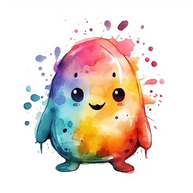 Aquarellmalerei eines regenbogenfarbenen Monsters mit einem Lächeln im Gesicht.