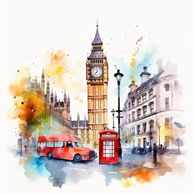Aquarellmalerei eines roten Busses in London