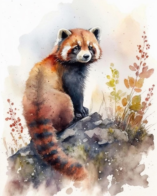 Aquarellmalerei eines roten Pandas, der auf einem Felsen sitzt