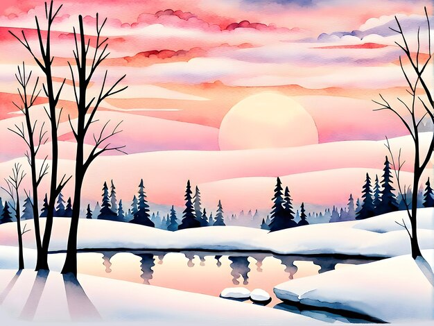 Aquarellmalerei eines Sees in einem bewölkten Hintergrund des Sonnenuntergangs im Winter