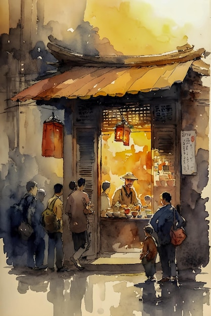 Aquarellmalerei eines traditionellen chinesischen Ladens in einem belebten Viertel