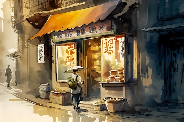 Aquarellmalerei eines traditionellen chinesischen Ladens in einem belebten Viertel