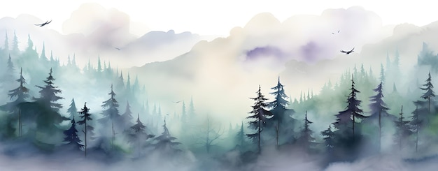 Aquarellmalerei eines Waldes mit einem Berg im Hintergrund