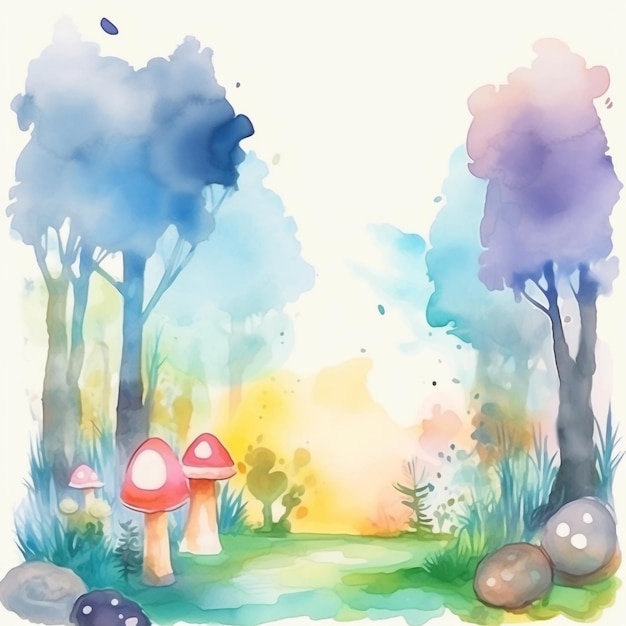 Aquarellmalerei eines Waldes mit Pilzen