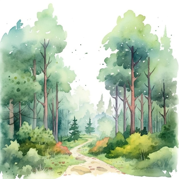 Foto aquarellmalerei eines waldweges mit einem wald im hintergrund.