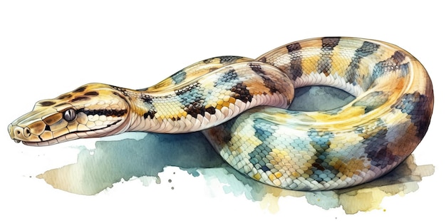 Aquarellmalerei-Illustration einer bunten Schlange in Farbtropfen