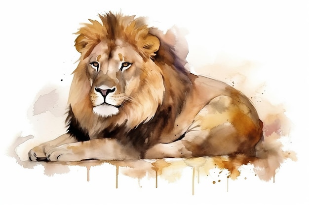 Aquarellmalerei-Illustration eines majestätischen und stolzen Löwen auf einem weißen Hintergrund generative KI