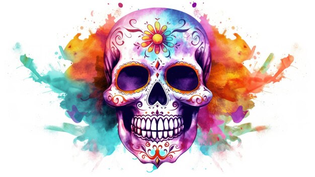 Aquarellmalerei in bunten Farbtönen eines Zuckerschädels oder des mexikanischen Catrina-Tages der Toten