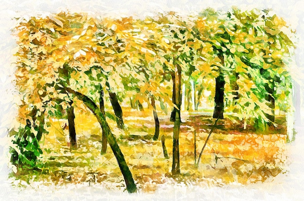 Aquarellmalerei Landschaft mit Bäumen im Park Moderne digitale Kunstimitation von handgemalt mit Aquarellfarbe