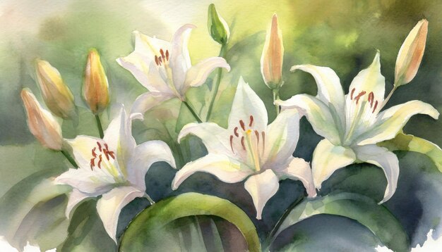 Aquarellmalerei Majestic Lily Garden Königlich anmutig am späten Nachmittag