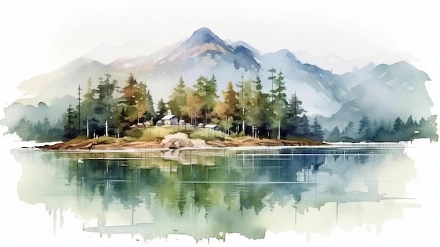 Aquarellmalerei mit Bergen, Wäldern und Seen. Die Schaffung digitaler Kunst GENERATE AI