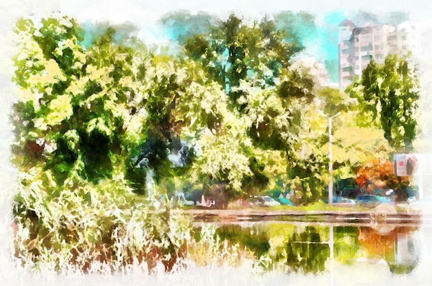 Aquarellmalerei Park Vorstadtlandschaft an hellen sonnigen Tagen Moderne digitale Kunstimitation von handgemalt mit Aquarellfarbe