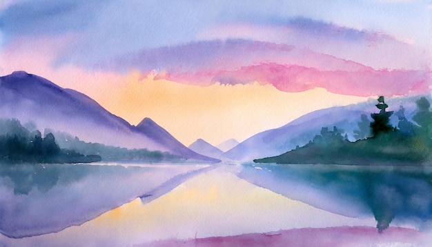 Aquarellmalerei Träume am See mit fernen Bergen Breezily in der Dämmerung