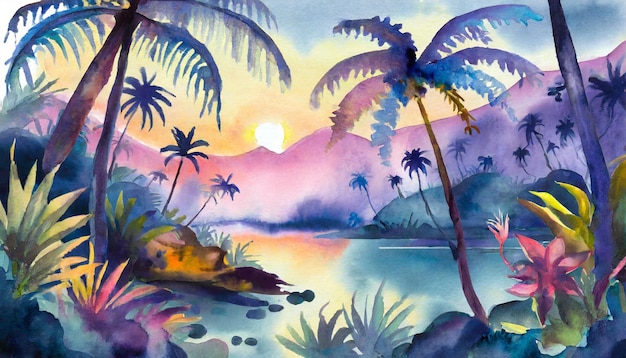 Aquarellmalerei Tropische Fantasie mit versteckten Kreaturen mysteriös in der Dämmerung