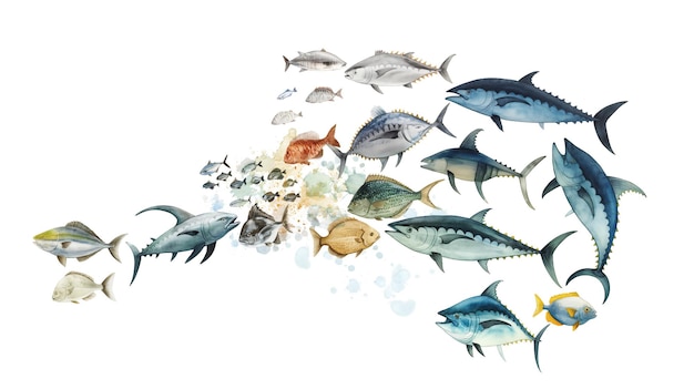 Aquarellmalerei verschiedener Fischarten, die in einen offenen Raum verstreut sind, der einem Burst-Formati ähnelt