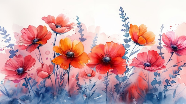 Aquarellmalerei von abstrakten Blumen Vielfarbige Blumen im Frühling
